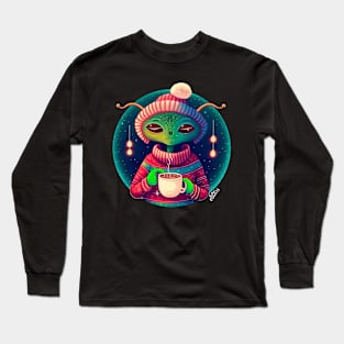 Christmas Funny Alien Drinking Coffee Wearing Sweater Long Sleeve T-Shirt